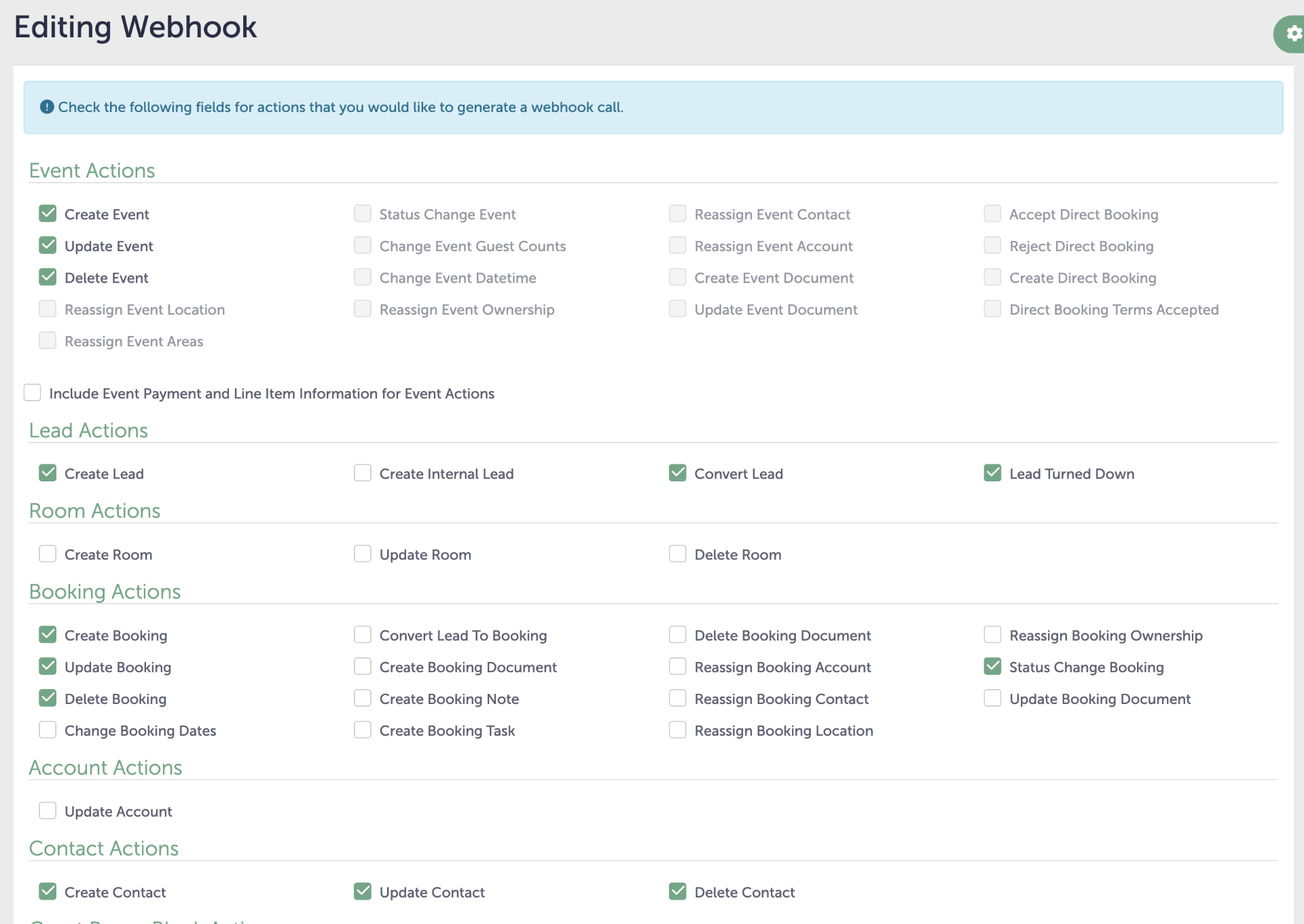 Tripleseat Webhook Endpoints settings showing the URL field and the full list of selected Trigger Actions