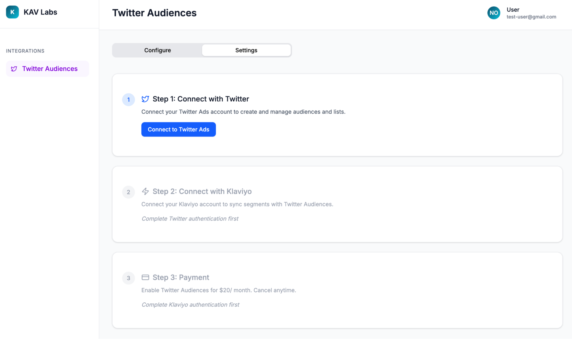 KAV Labs Twitter Audiences configuration interface showing the steps to connect with Twitter and Klaviyo