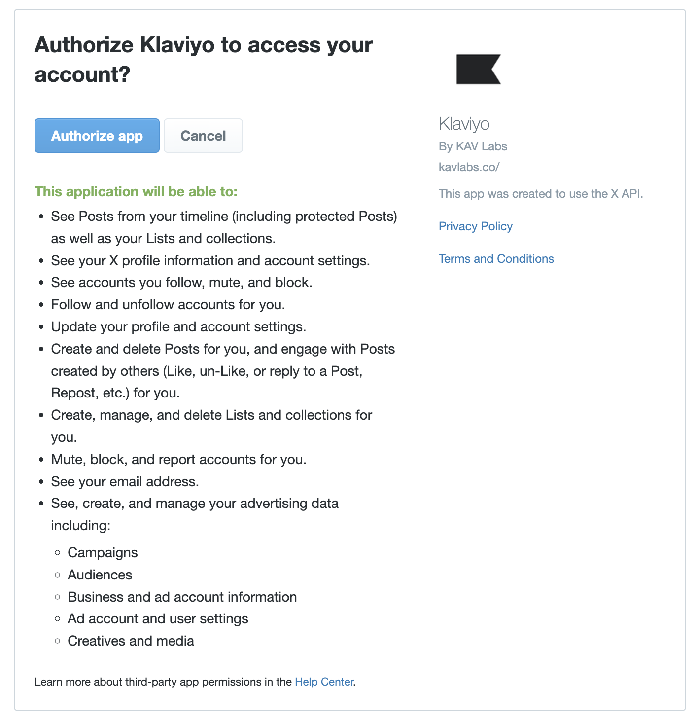 Twitter authorization screen showing permissions for Klaviyo to access account information, advertising data, and manage audiences