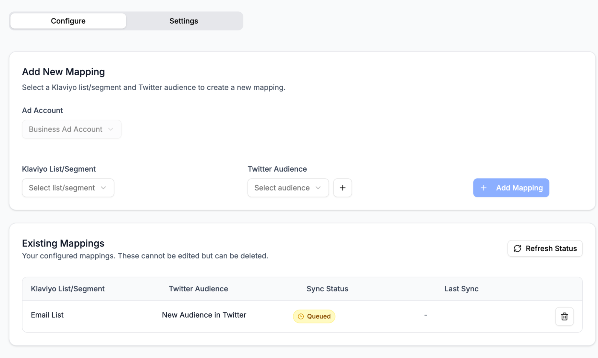 Add New Mapping interface showing Klaviyo list/segment selection, Twitter audience selection, and existing mappings