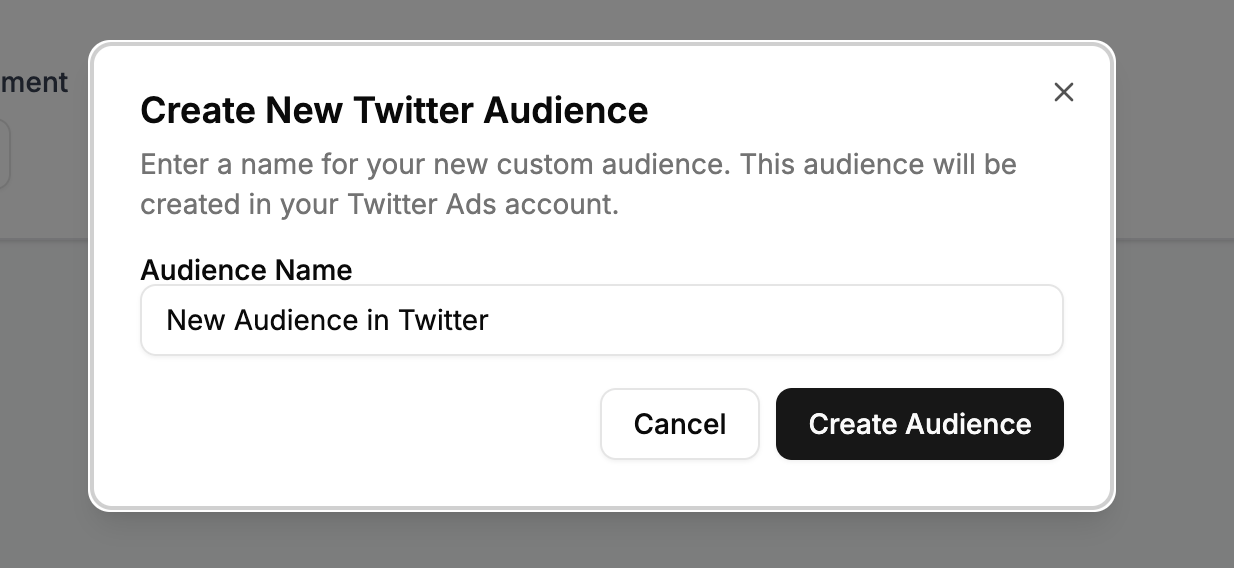 Create New Twitter Audience modal dialog showing the form to enter a name for a new custom audience