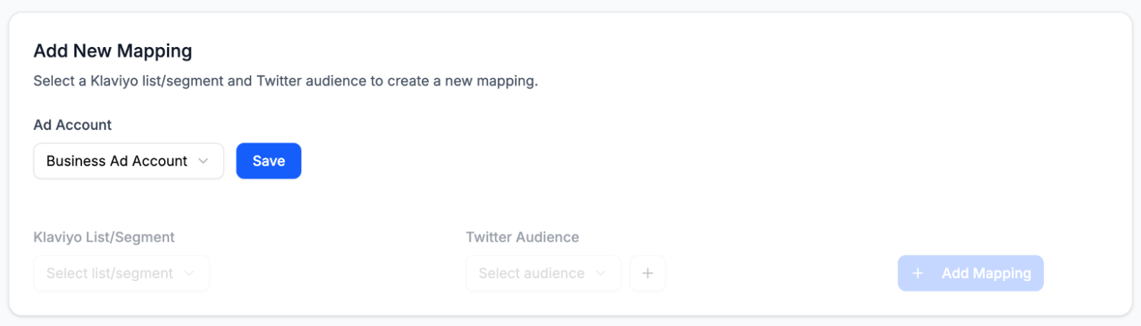 KAV Labs Add New Mapping interface with Ad Account selection and dropdowns for Klaviyo list/segment and Twitter audience